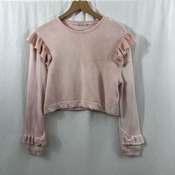 LoveShackFancy Tops - LoveShackFancy Pink Distressed Wash Ruffle Sweatshirt Womens Size S Feminine
